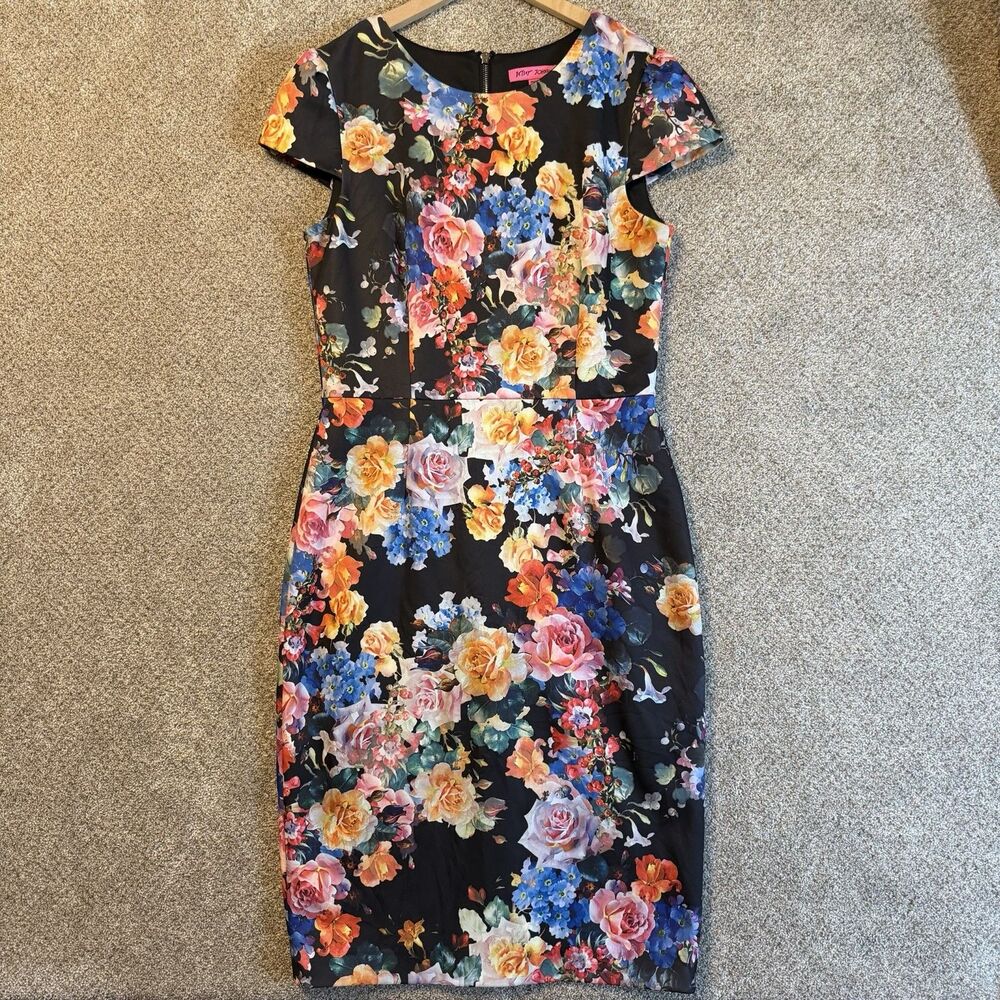 Betsy Johnson Womens Sz 10 Floral Scuba Sheath Knee Dress Stretchy Preppy Office